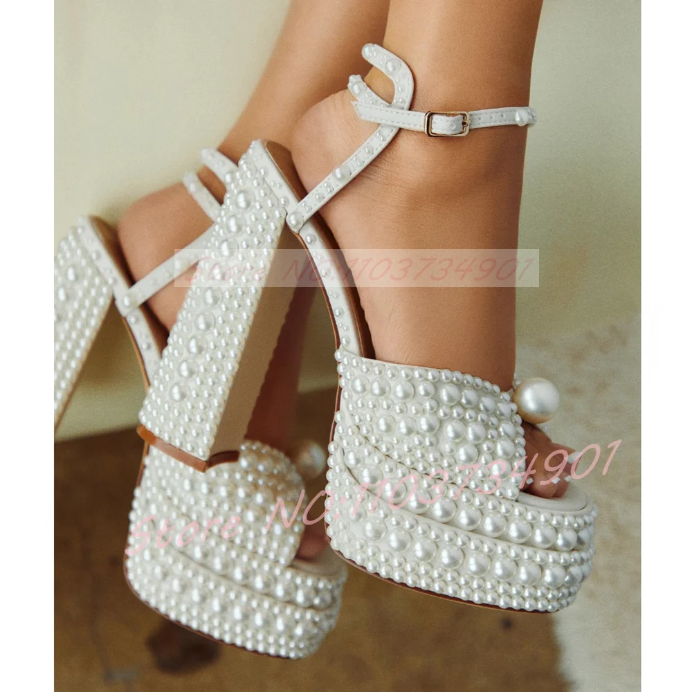 Block Heel Ankle Boots - Women's White Pearl Platform Sandals Ankle