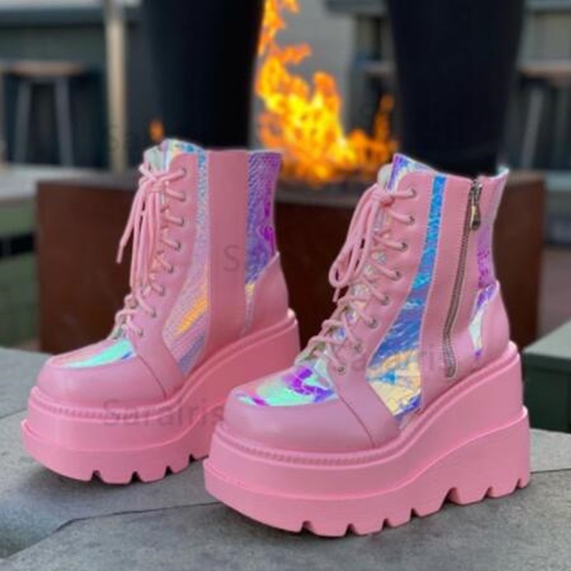 Block Heel Ankle Boots - Women's Pink Holographic Platform Ankle Boots