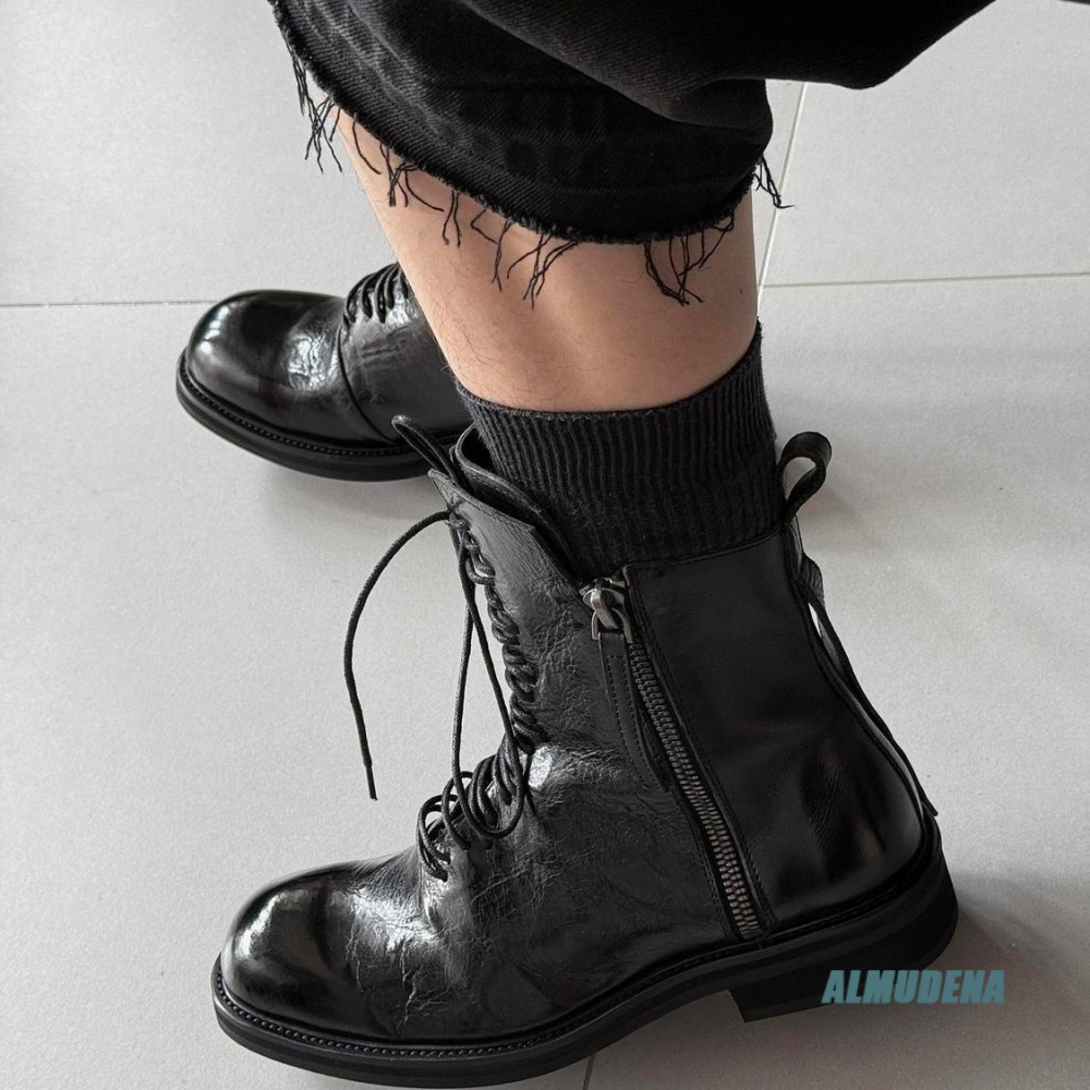 Block Heel Ankle Boots - Solid Black Street Style Men High-Top