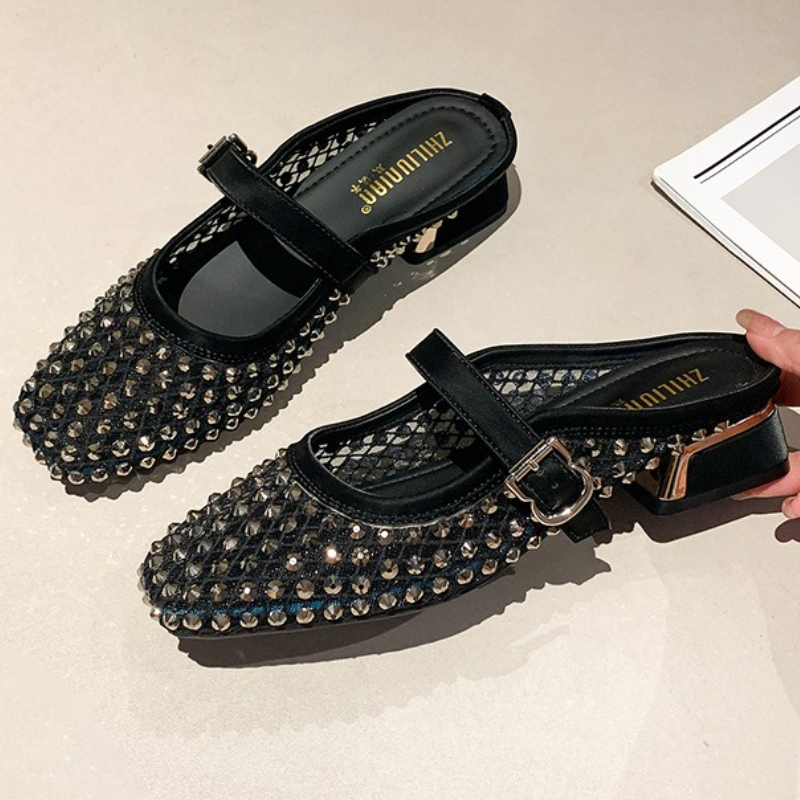 Women Shoes Sandals - Mesh Rhinestone Chunky Heel Mules Slippers