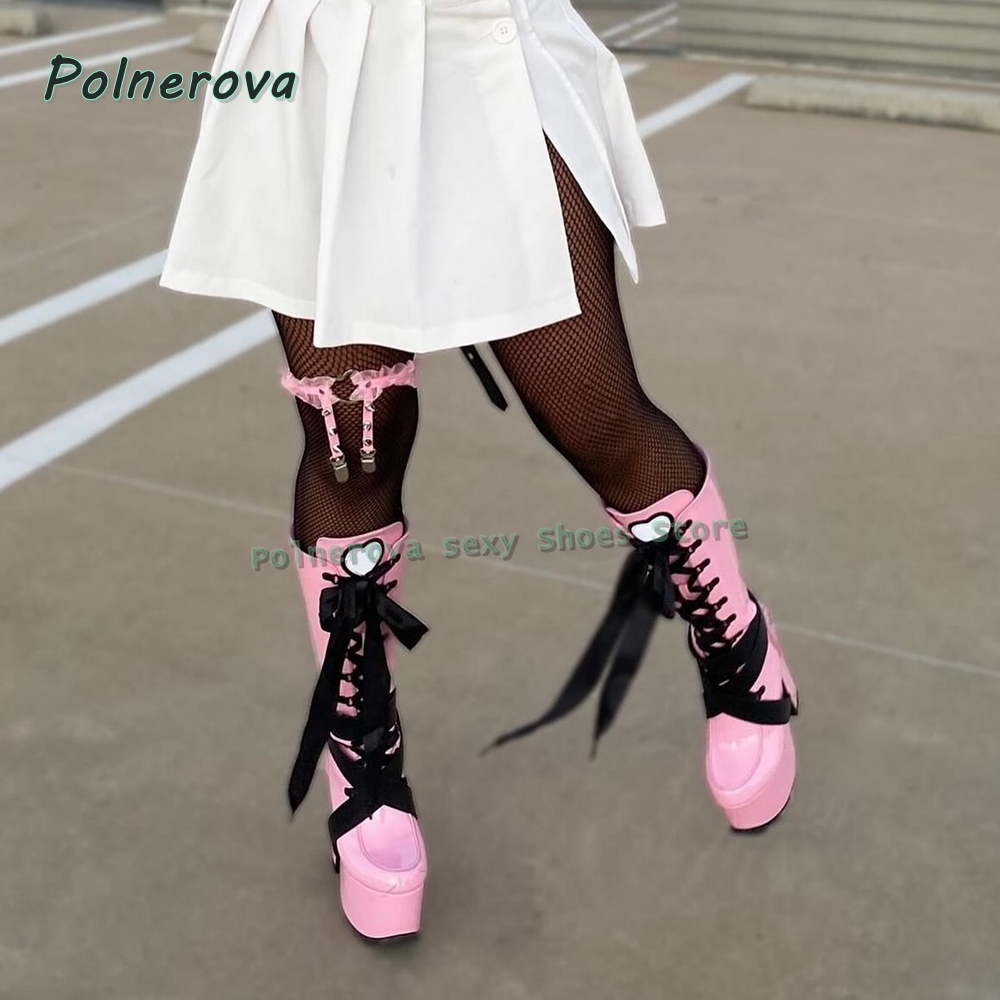 Women Shoes Size Chart - Women's Pink Platform Knee High Boots