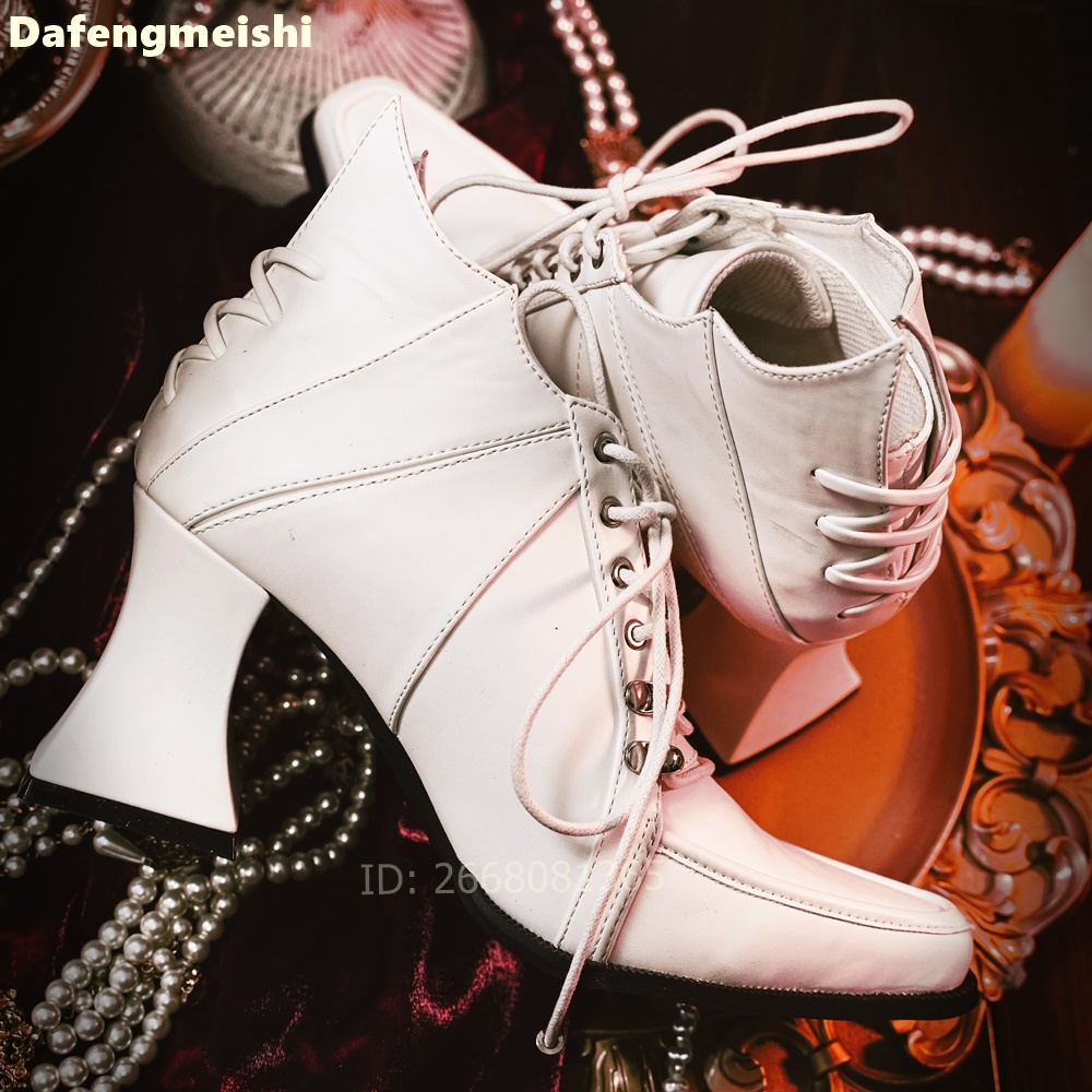 Block Heel Ankle Boots - White Leather Square Toe Ankle Boots