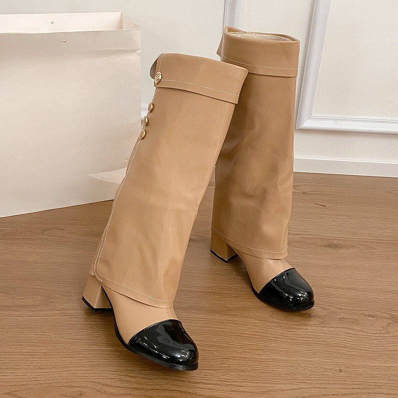 Block Heel Ankle Boots - 2025 Fall/Winter New Round Toe Spliced