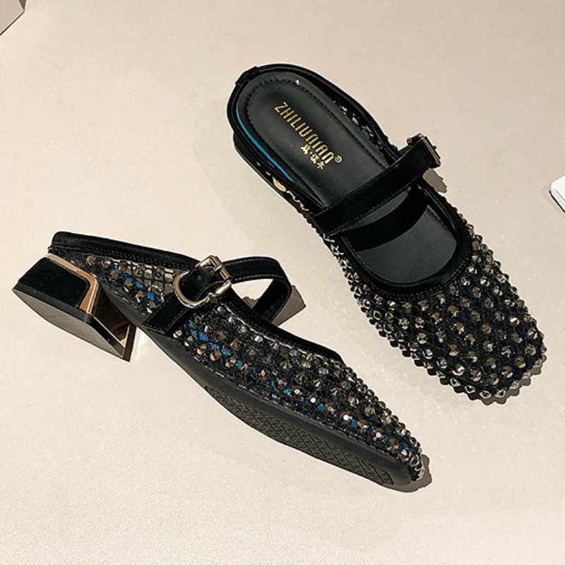 Mesh Rhinestone Chunky Heel Mu - Women Shoes Sandals review and price