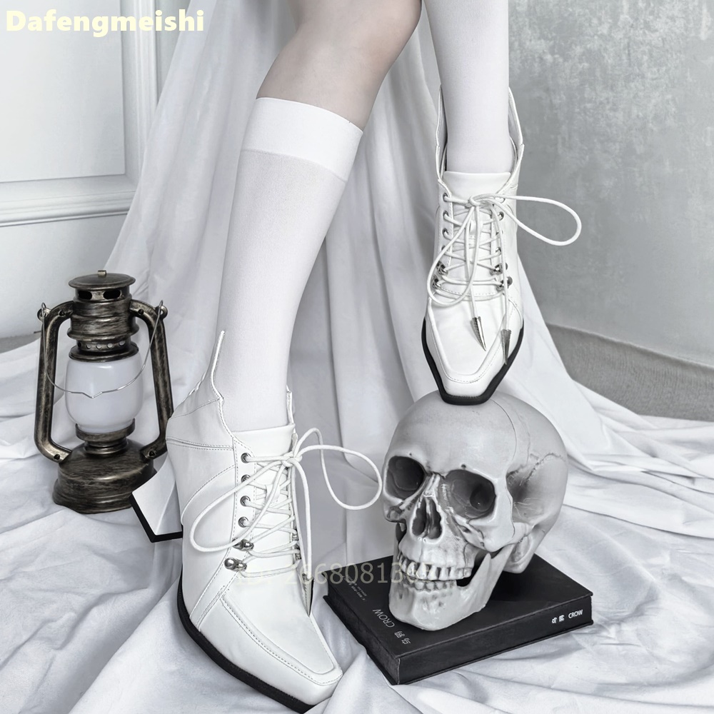 White Leather Square Toe Ankle - Block Heel Ankle Boots review and price